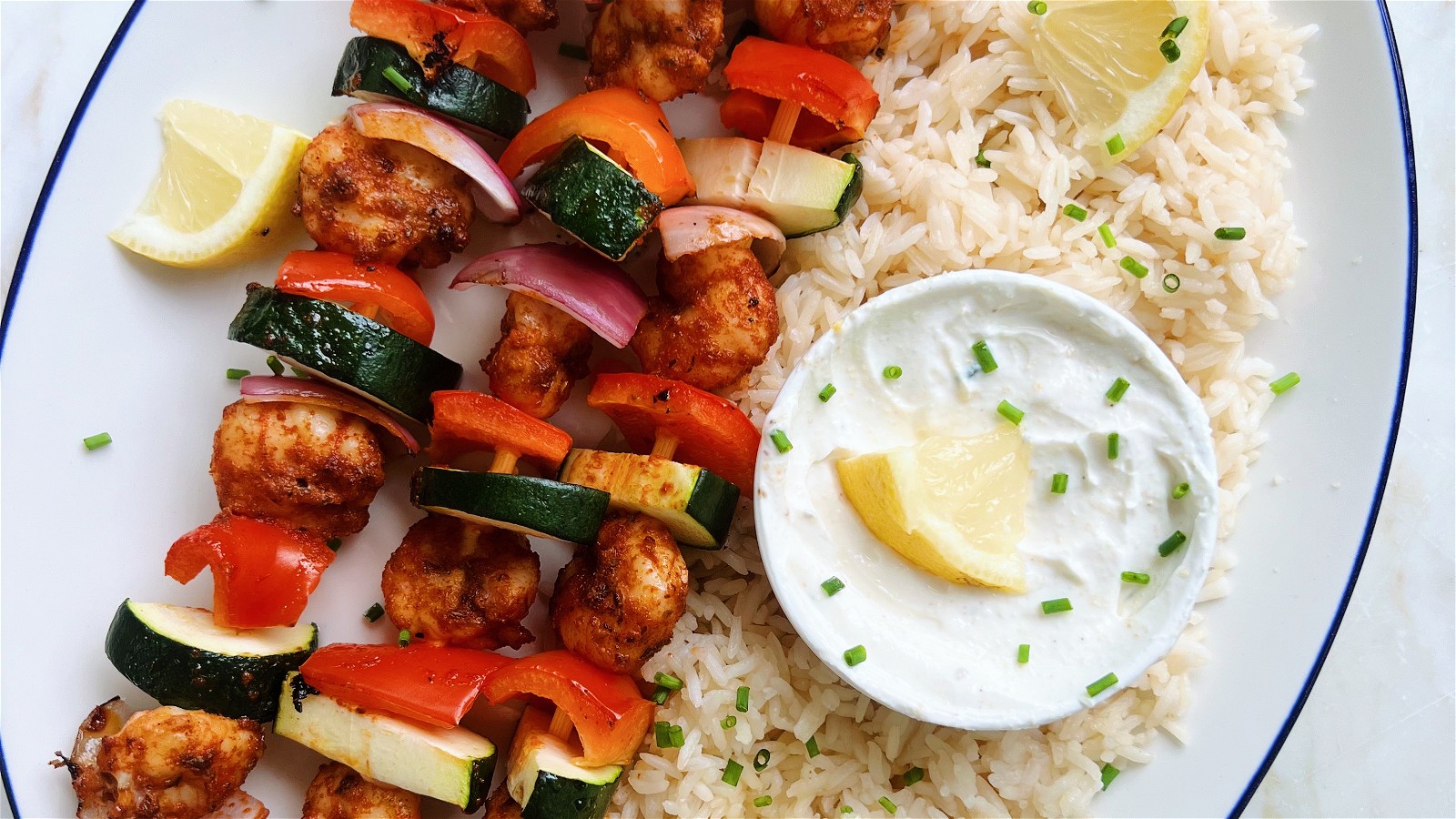 Image of Greek Style Grilled Prawn Kabobs with Rice and Lemon Aioli