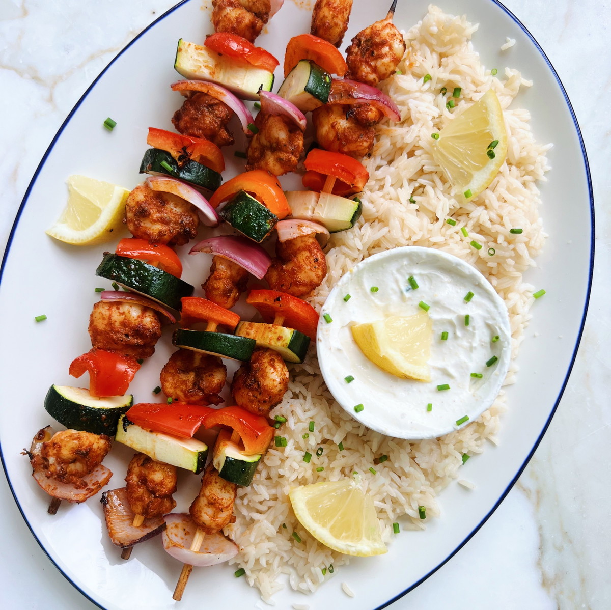 Greek Style Grilled Prawn Kabobs with Rice and Lemon Aioli