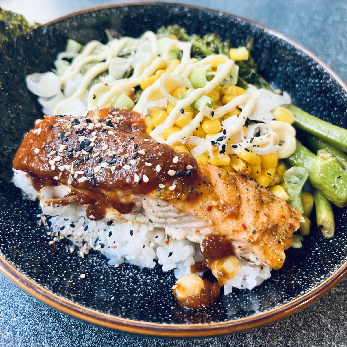 Ramen Baked Salmon Rice Bowl