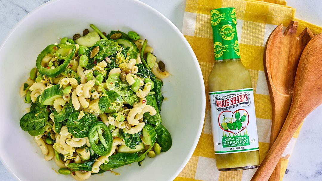 Image of Green Pasta Salad with Marie Sharp’s Green Habanero Pepper Sauce