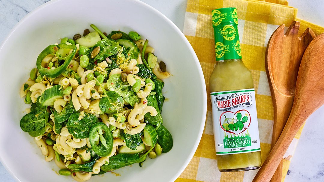 Green Pasta Salad with Marie Sharp’s Green Habanero Pepper Sauce