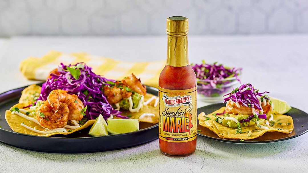 Image of Shrimp and Avocado Tostadas with Marie Sharp’s Smokin’ Marie Habanero Pepper Sauce