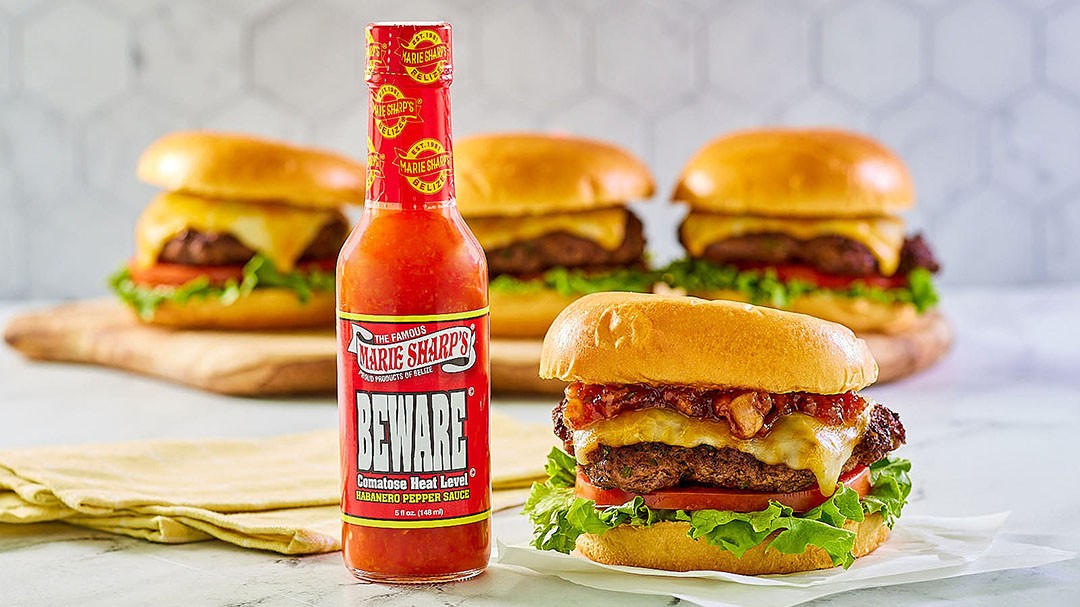 Image of Spicy Beef Burger with Colby Cheese and Marie Sharp’s Beware Habanero Pepper Sauce