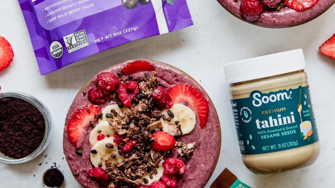 Image of Acai Bowl with Chocolate Tahini Coconut Granola 