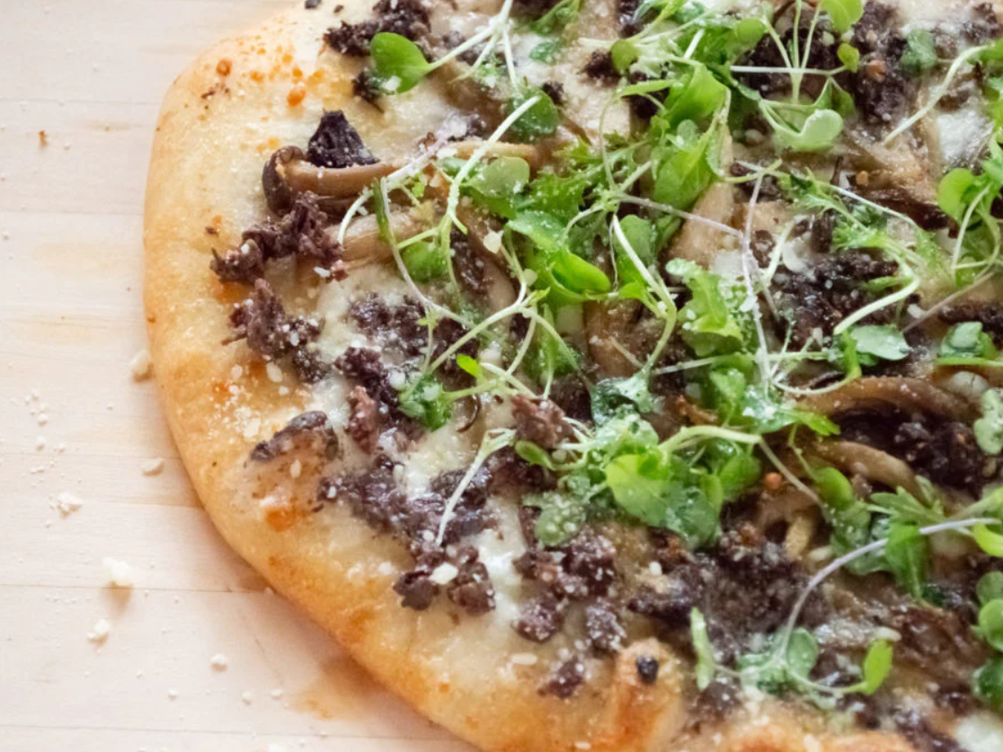 Wild Mushroom Pizza with Black Olive Tapenade - McEvoy Ranch