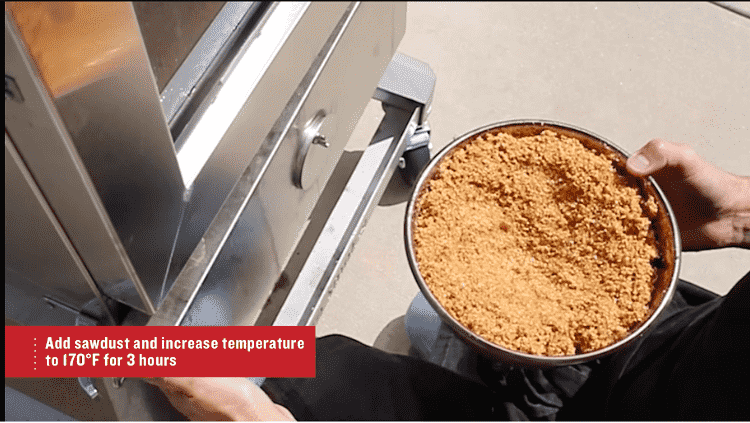 Image of Then increase the temperature of the smokehouse to 170 while adding ¾ pan of moistened sawdust. Run this cycle for 3 hours. 1. For best results, use our applewood or hickory sawdust.