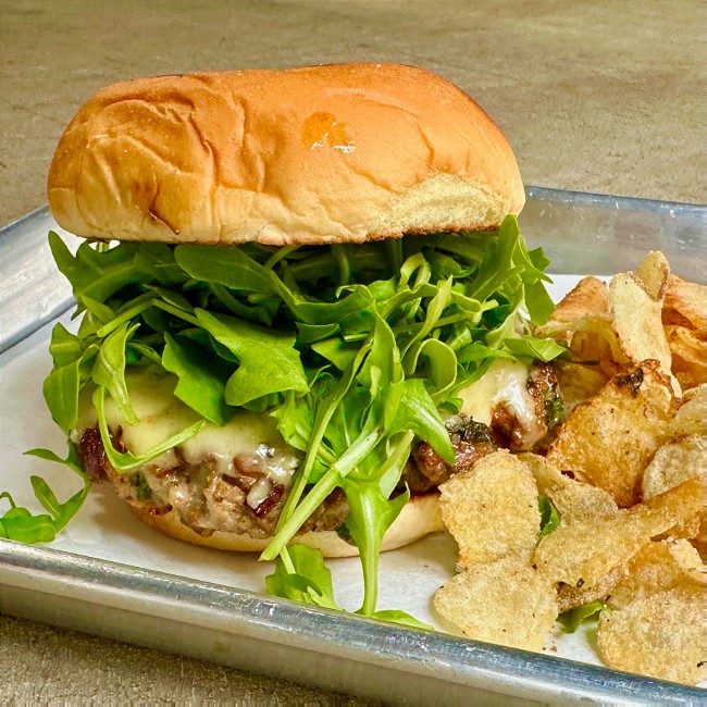 Image of Mushroom Turkey Cheddar Burger with Cacio Pepe Potato Chips