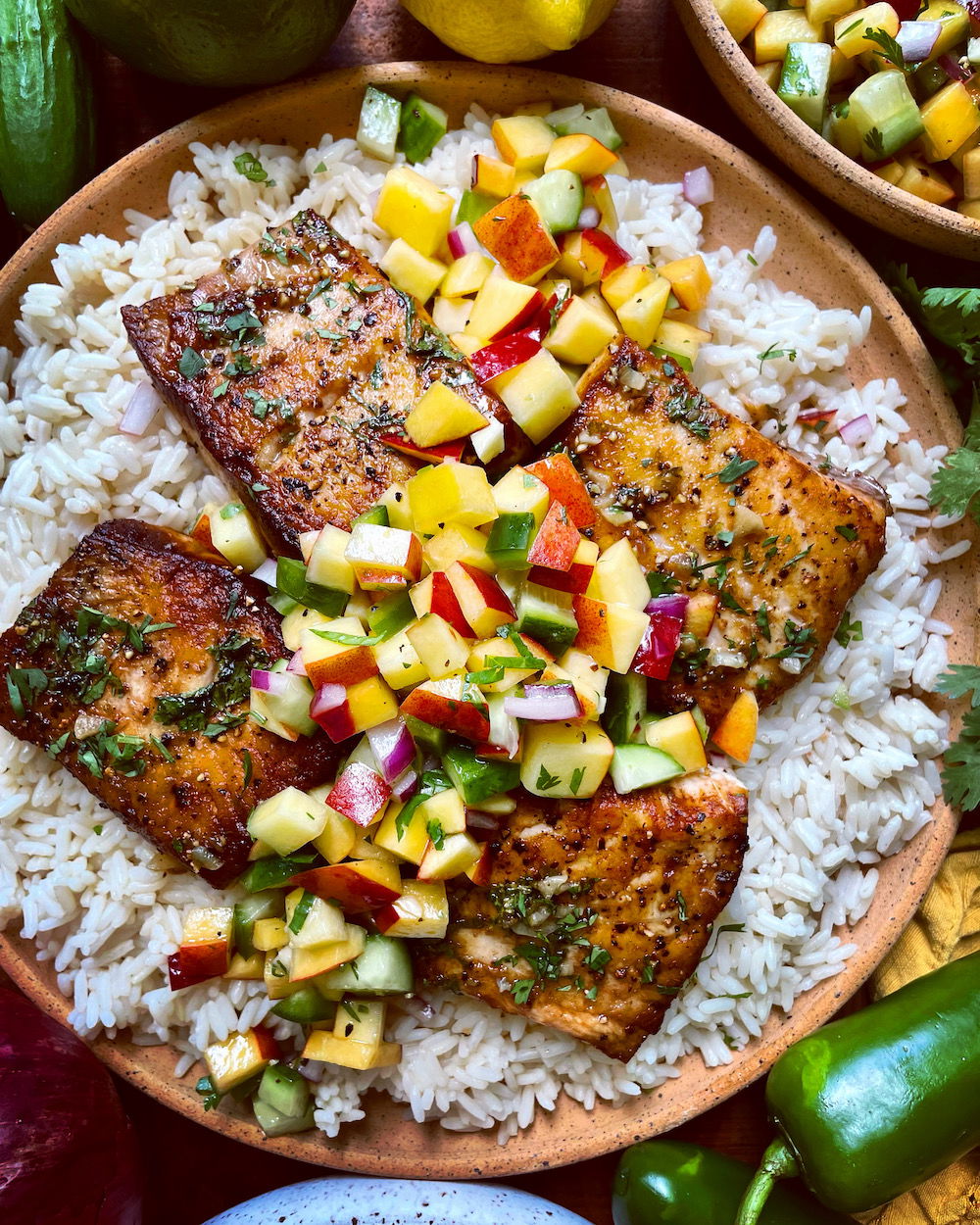 Image of Easy Pan-Seared Dutch Yellowtail with Summer Peach Cucumber Salsa