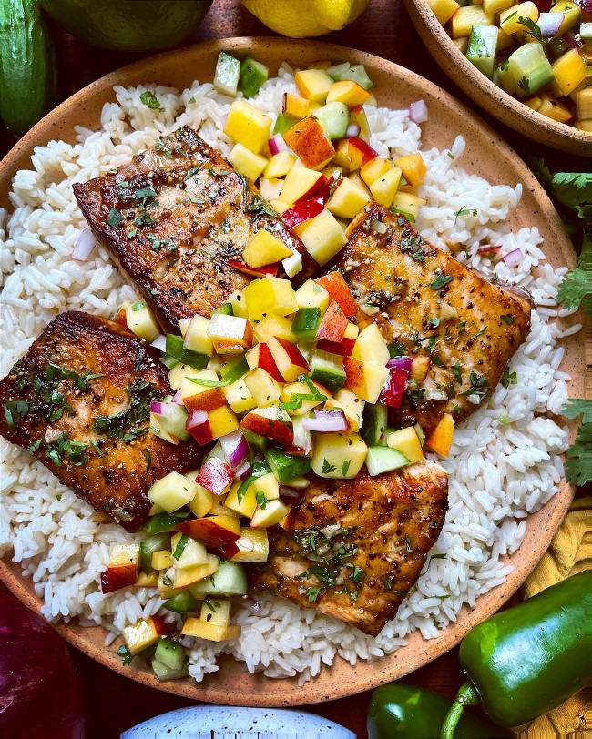 Image of Easy Pan-Seared Dutch Yellowtail with Summer Peach Cucumber Salsa