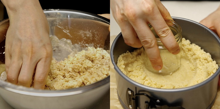 Image of Tip the biscuit mixture into the greased cake pan and use a spoon to press the mixture to form an even biscuit layer in the base and up the sides.