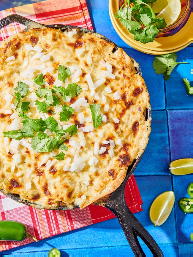 Image of Skillet Layered Enchiladas with Chicken, Mushrooms, and Spinach