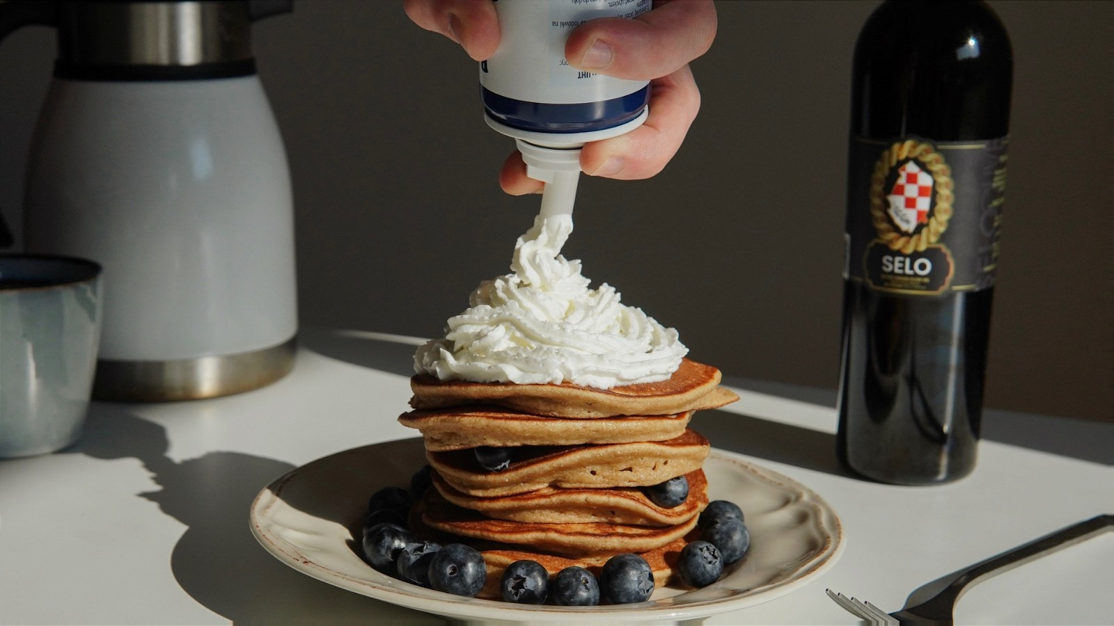 Image of Blueberry Pancakes with Fresh Whipped Cream and Olive Oil