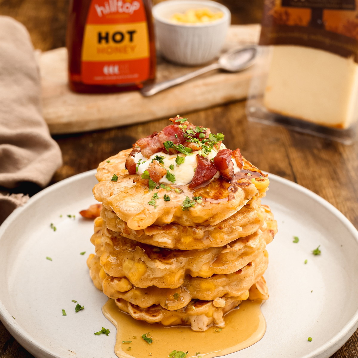 Cheesy Corn Fritters With Hot Honey