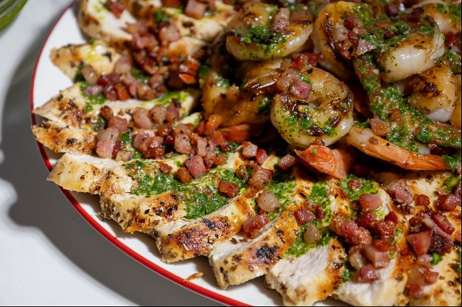 Image of Grilled Chicken And Shrimp With Pancetta And Chimichurri