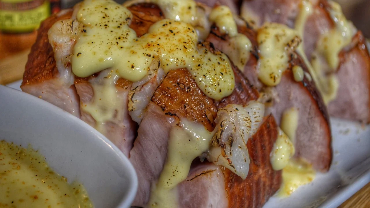 Image of Lobster Stuffed Hasselback Ham with Hollandaise Sauce