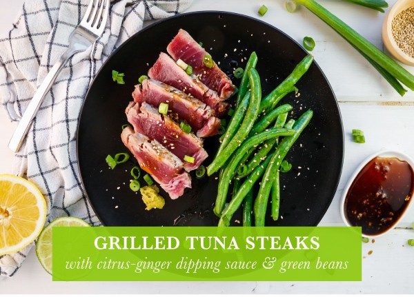 Image of Grilled Tuna Steaks with Citrus-Ginger Dipping Sauce and Green Beans