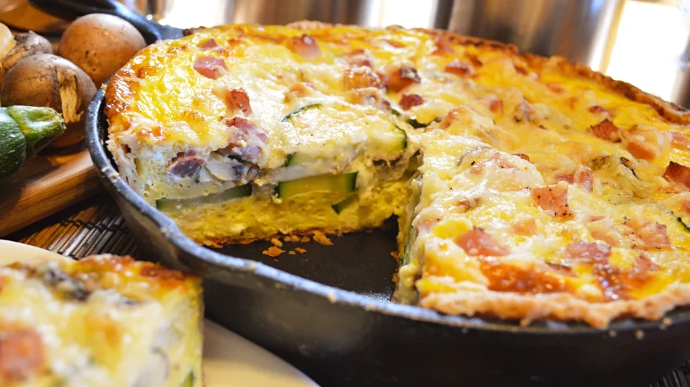 Image of Cast Iron Quiche with Grilled Ham Steak, Mushrooms, Onions and Zucchini