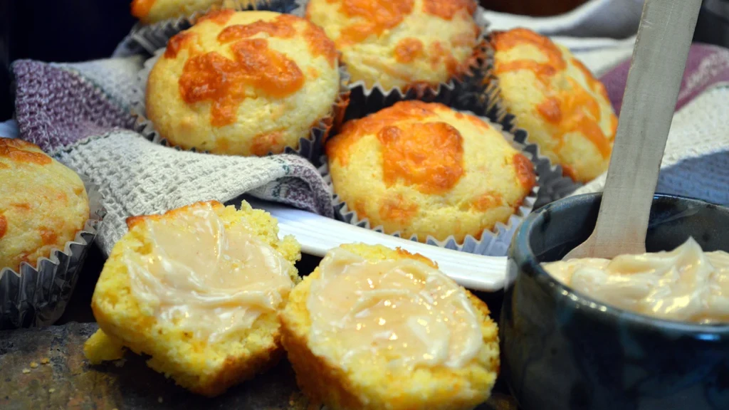 Image of Smoked Cheddar Corn Muffins with spicy Whipped Honey Butter