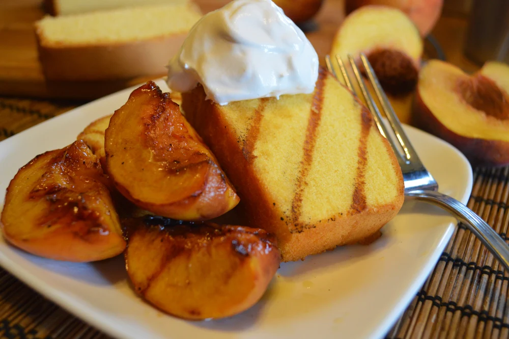 Grilled Pound Cake with Moscato Glazed Peaches
