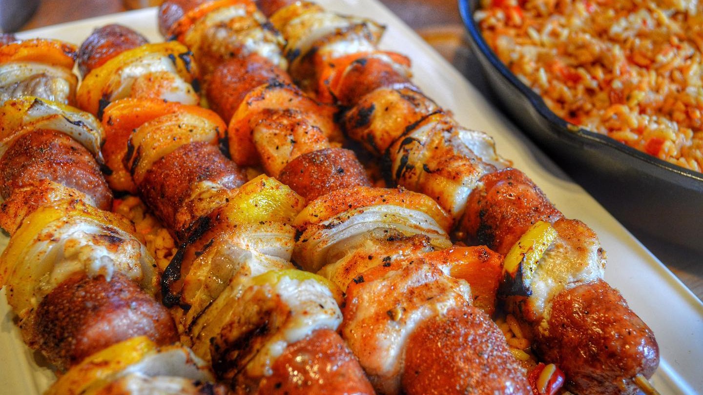 Image of Jambalaya Kebabs with Cast Iron Dirty Rice