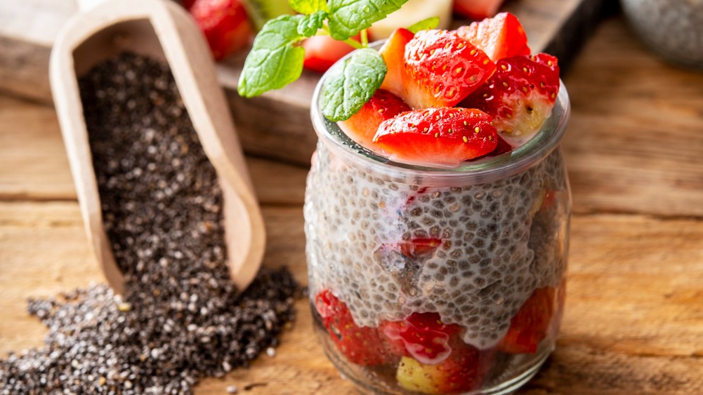 Image of Chia seeds with coconut yoghurt and strawberries