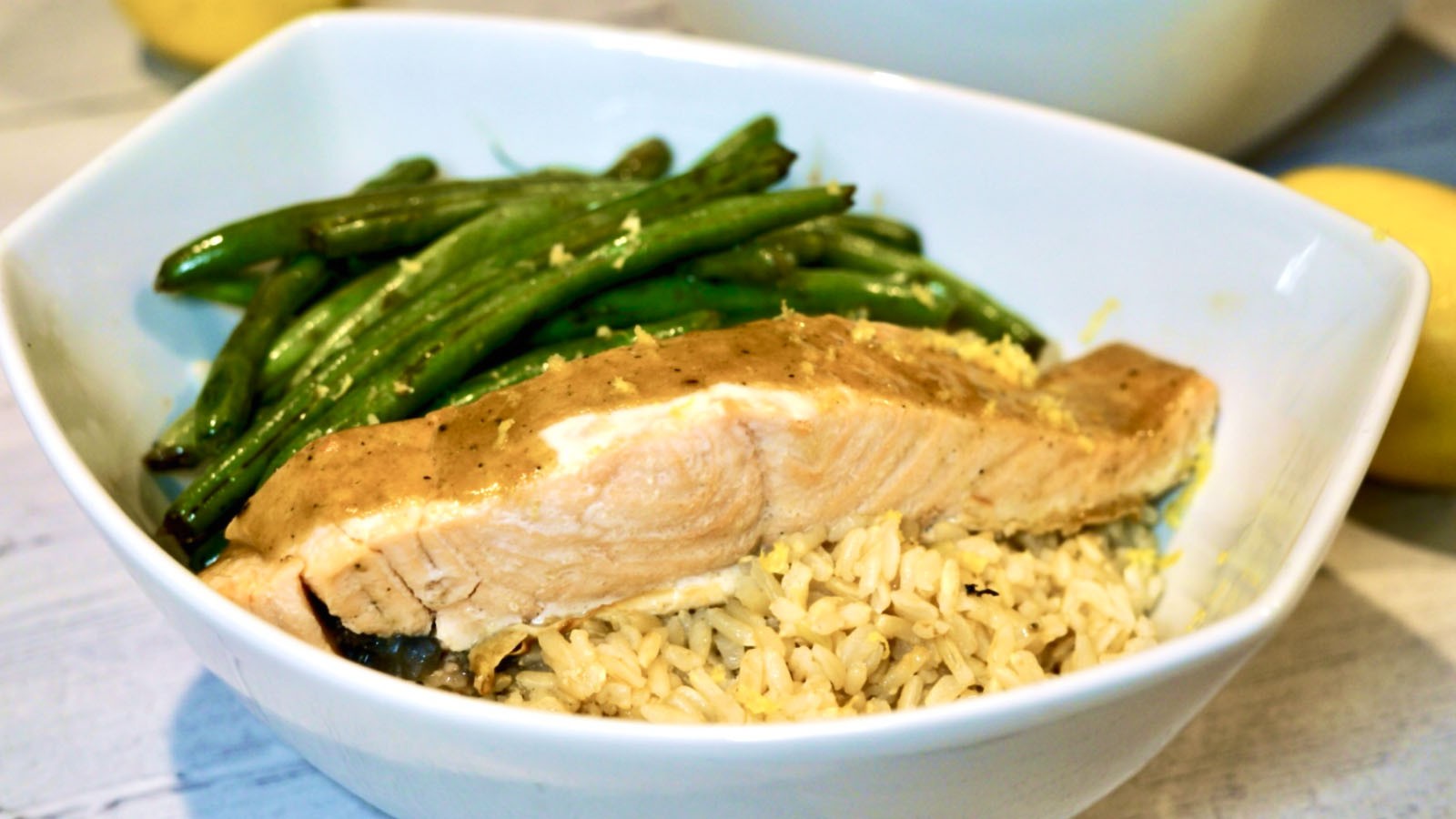 Image of Dijon Roasted Salmon with Balsamic Green Beans and Brown Rice