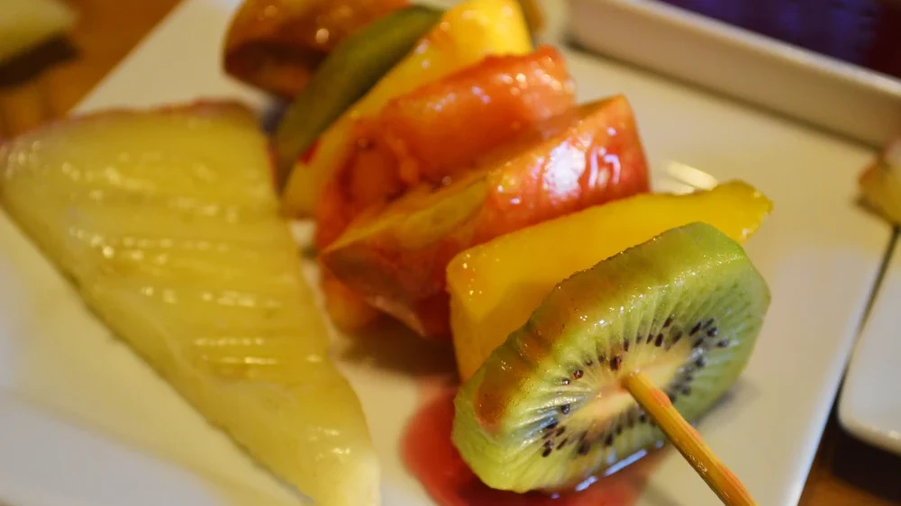 Image of Red Wine Glazed Grilled Fruit Kebabs with Manchego Cheese