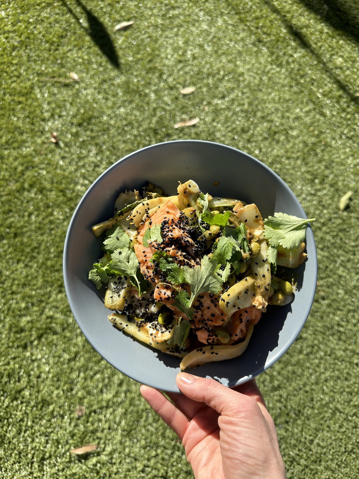 Miso, ginger salmon with edamame, pak choy & pearl cous cous