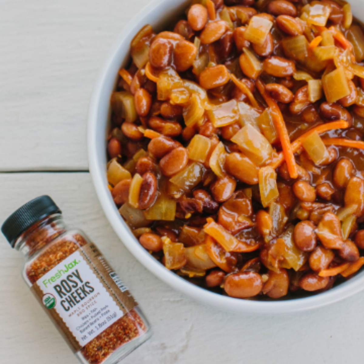 BBQ Baked Beans Featuring Rosy Cheeks Maple Bourbon BBQ Rub