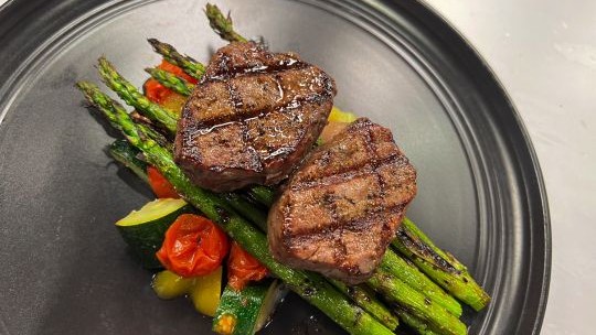 Image of Grilled Fillet Medallion Dinner with Foil Packet Veggies and Grilled Asparagus