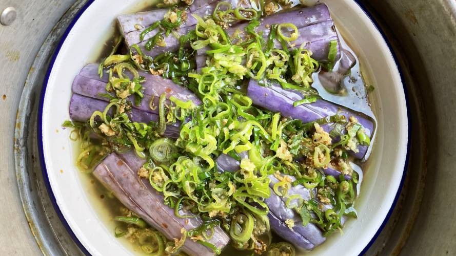 Image of Steamed Eggplant with Scallions and Ginger