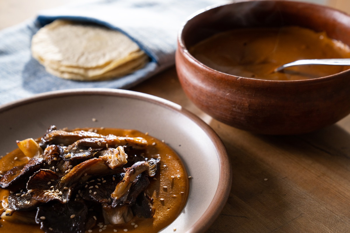 Mole with Sauteed Oyster Mushrooms