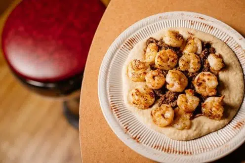 Grilled Shrimp, Roast Beef Debris & Grits