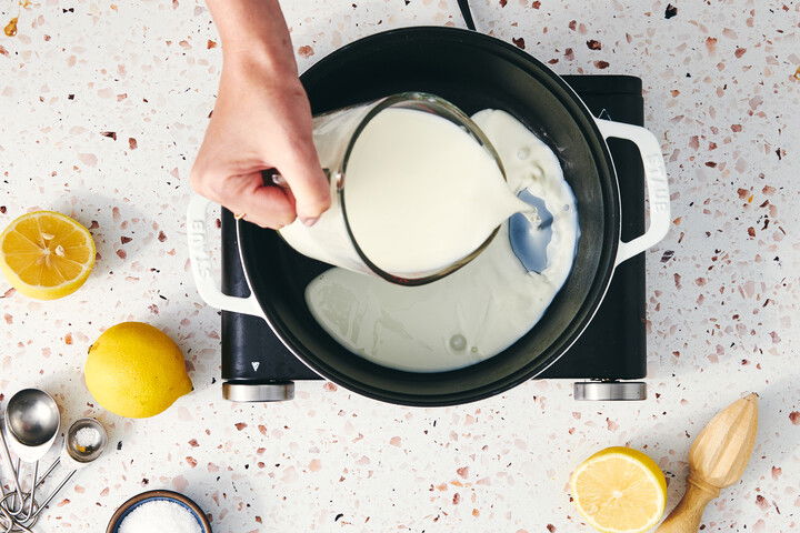 Recipe step 1: HEAT the milk, cream and salt in a large heavy ...
