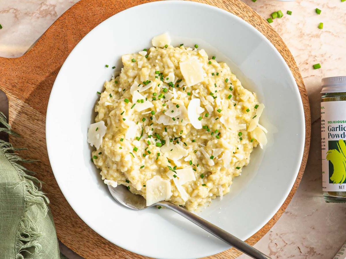 Decadently Creamy Risotto with Pan Seared Garlic Shrimp and Peas