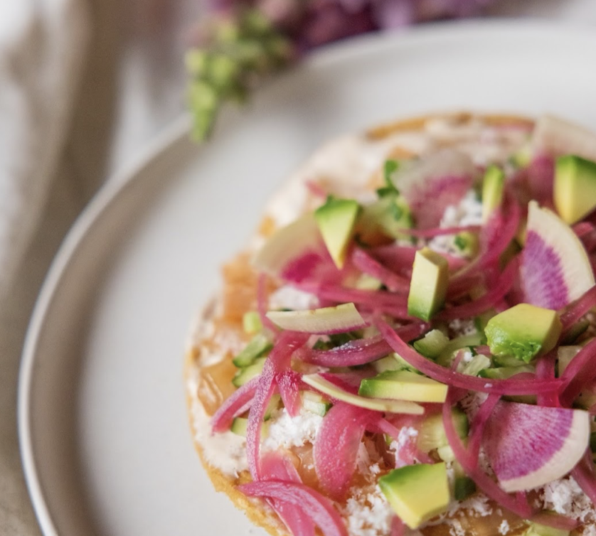 Image of Yellowtail Tostada w/ Roasted Corn Labna, Pickled Onion & Watermelon Radishes