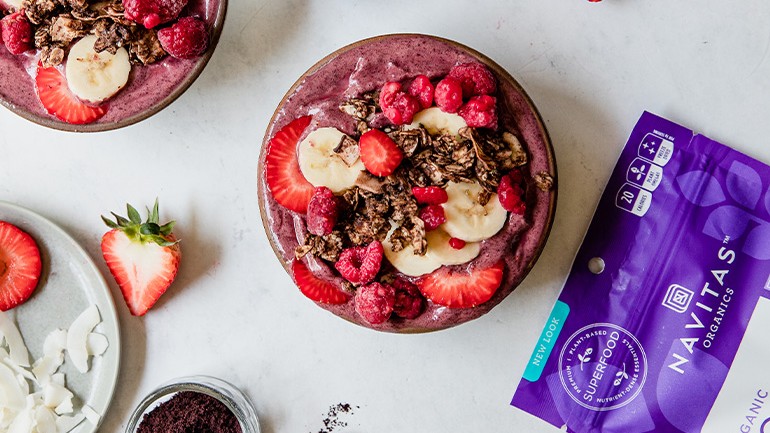 Image of Acai Bowl with Chocolate Tahini Coconut Granola