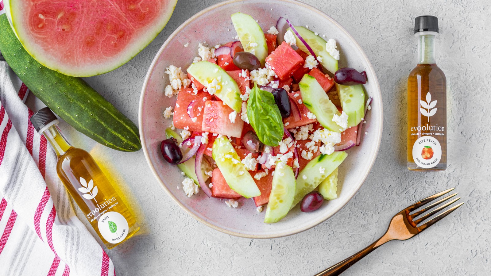 Image of Watermelon Salad with Basil Olive Oil and Peach Balsamic