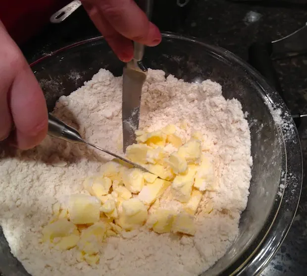 Image of Using a pastry cutter, cut chilled butter into pastry flour...