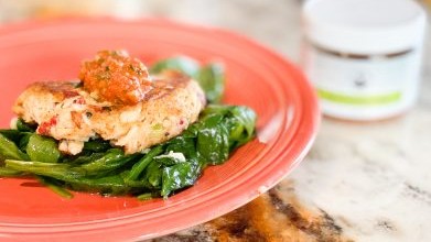 Image of BLACKENED TUNA CAKES WITH SPICY ROMESCO