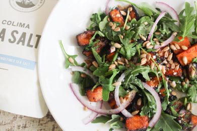 MAPLE ROASTED SWEET POTATO AND ARUGULA SALAD