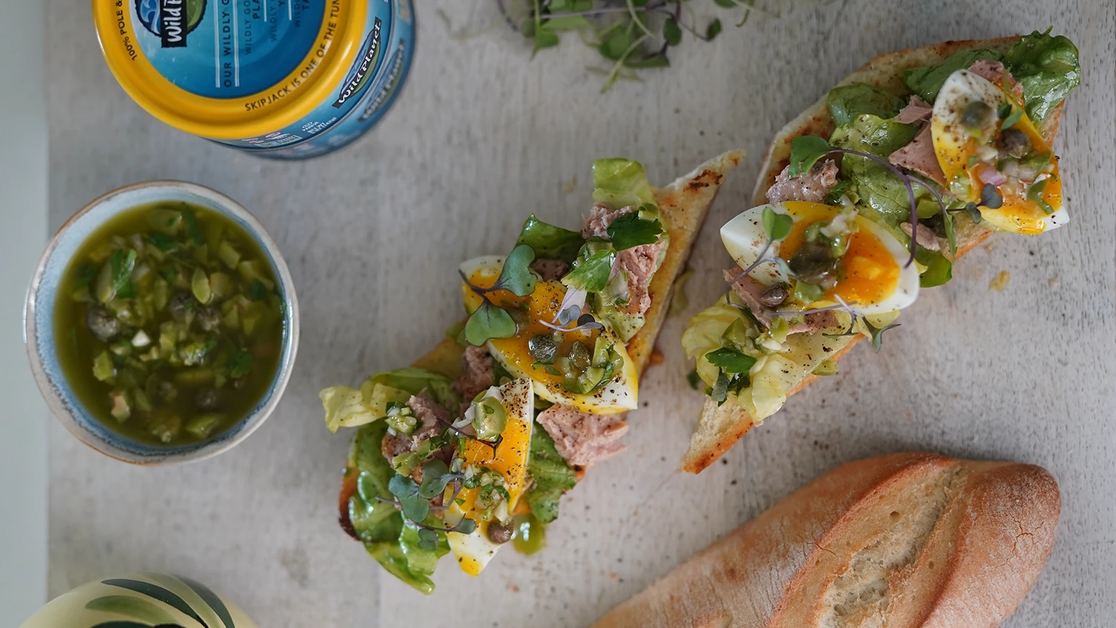 Image of Tuna Salad Tartine with Green Olive Salsa Verde 