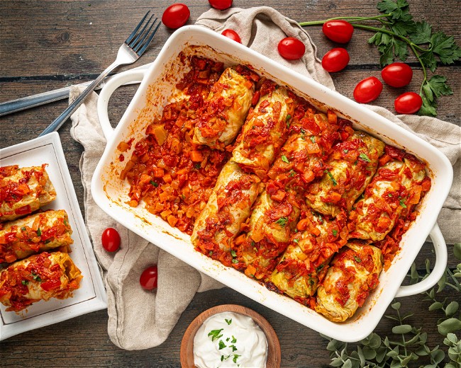 Image of UKRAINIAN HOLUBTSI: Cabbage Rolls with Tomato Sauce