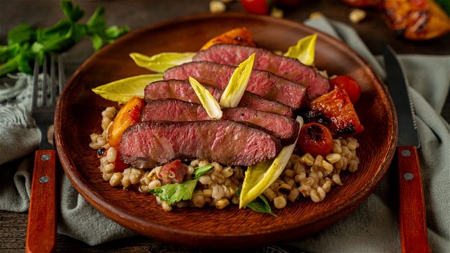 Image of Grilled Bavette Steak with Sweet Corn and Peaches