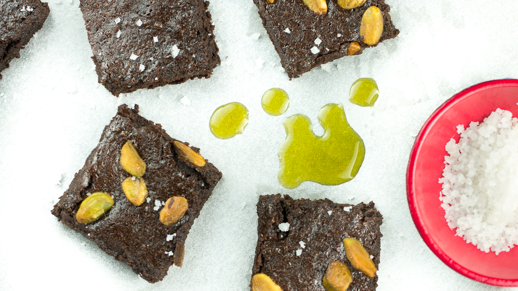 Image of AVOCADO OIL BROWNIES WITH PISTACHIOS AND SEA SALT