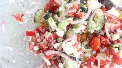 Image of TOMATO AND CUCUMBER SALAD WITH OLIVES AND FETA