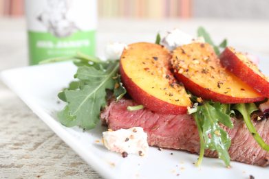 GRILLED FLANK STEAK WITH PEACHES AND ARUGULA