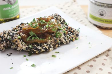 EVERYTHING BAGEL PORK CUTLET WITH CARAMELIZED ONIONS