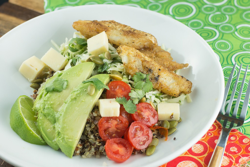 FISH TACO BOWLS WITH CILANTRO LIME SLAW