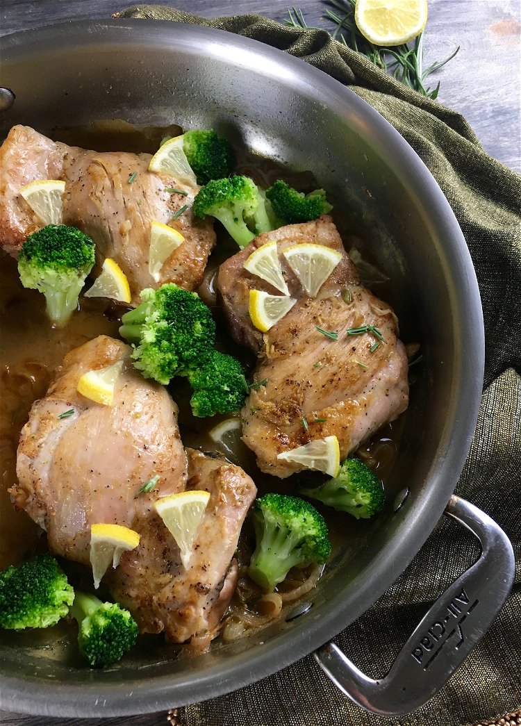 Image of Add chicken stock to skillet and increase heat to medium-high....